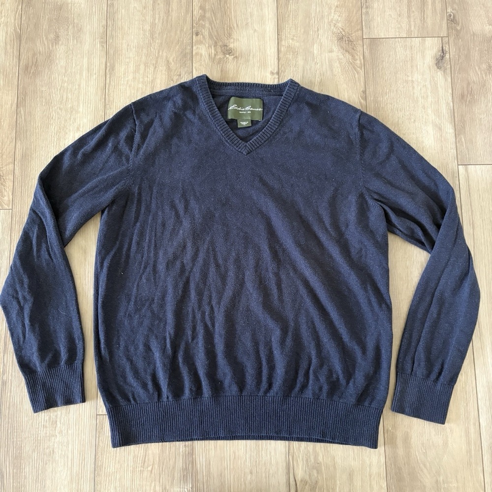 Eddie Bauer Mens Cashmere Blend V-Neck Pullover Sweater Navy Size TL Preppy